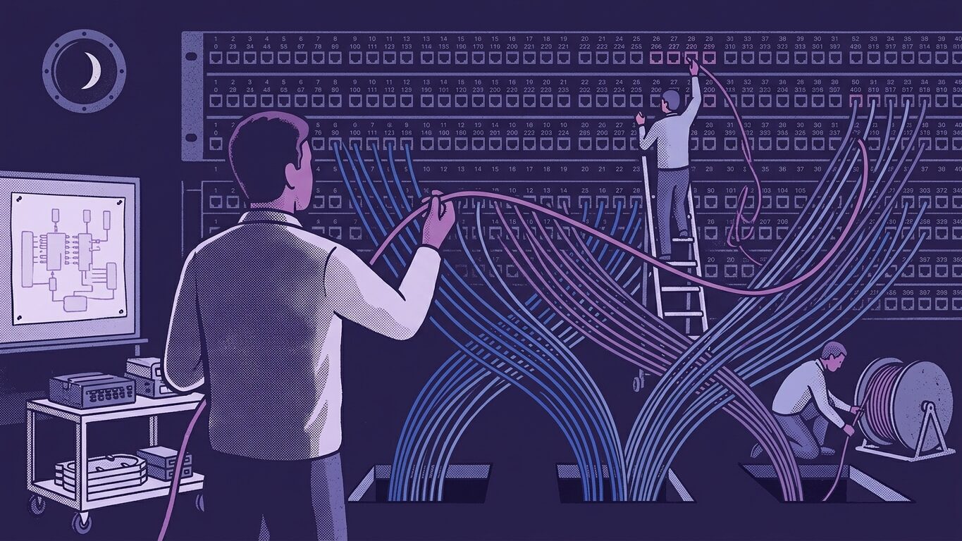Ilustración de técnicos conectando cables de distintos operadores en grandes paneles de conexión
