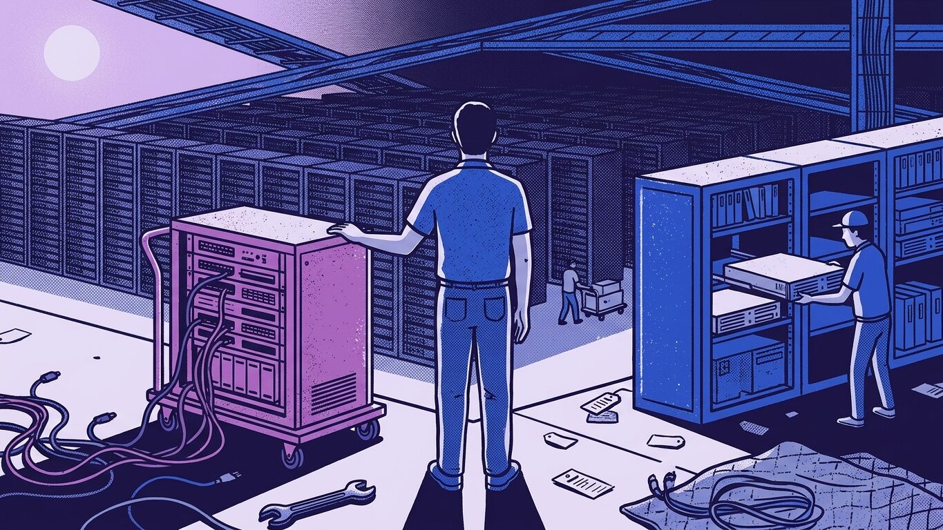 Illustration of a data room: a technician next to a mobile rack and shelves with server equipment